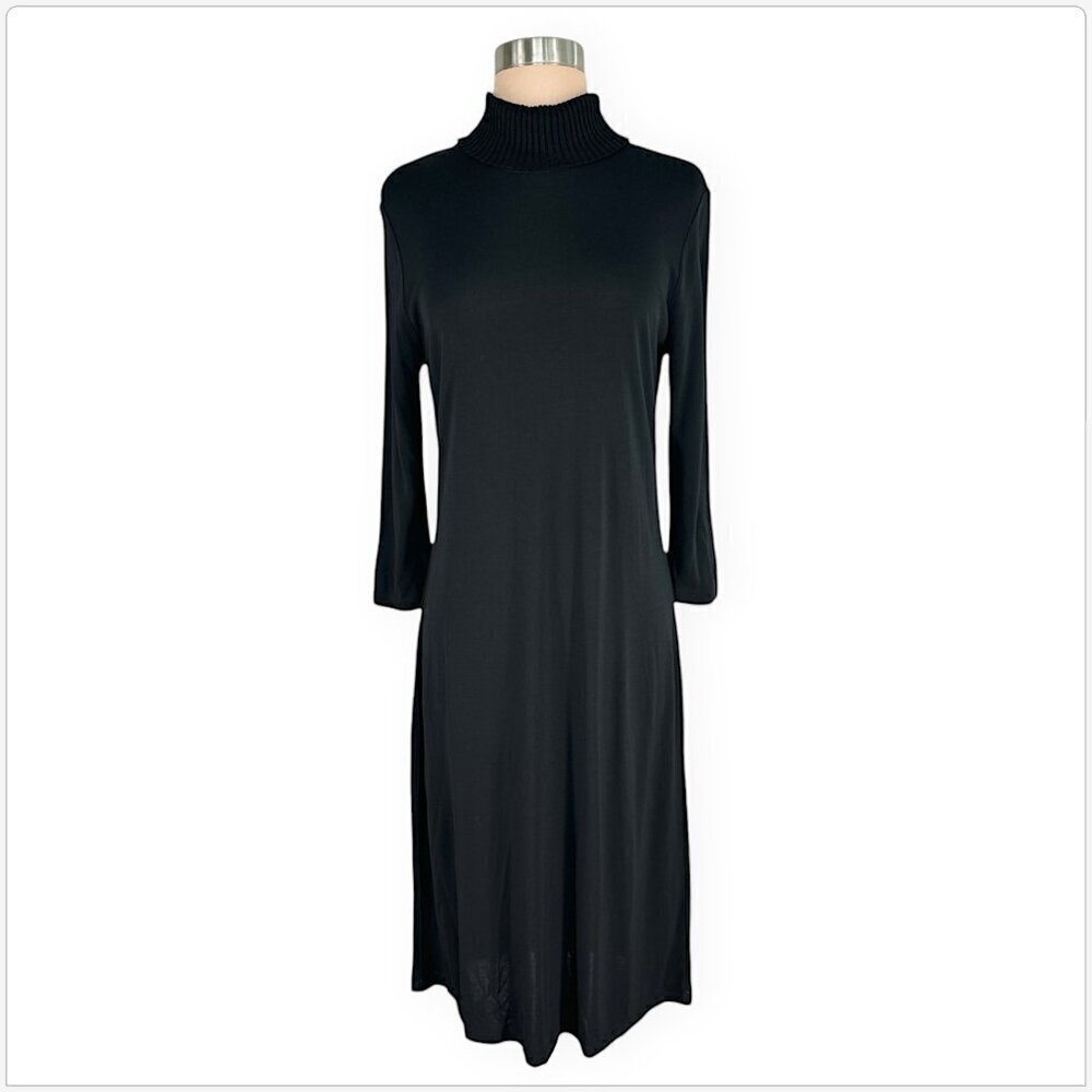 J. Jill Black Stretch Jersey Knit Dress Ribbed Knit Turtleneck 3/4 Sleeves S